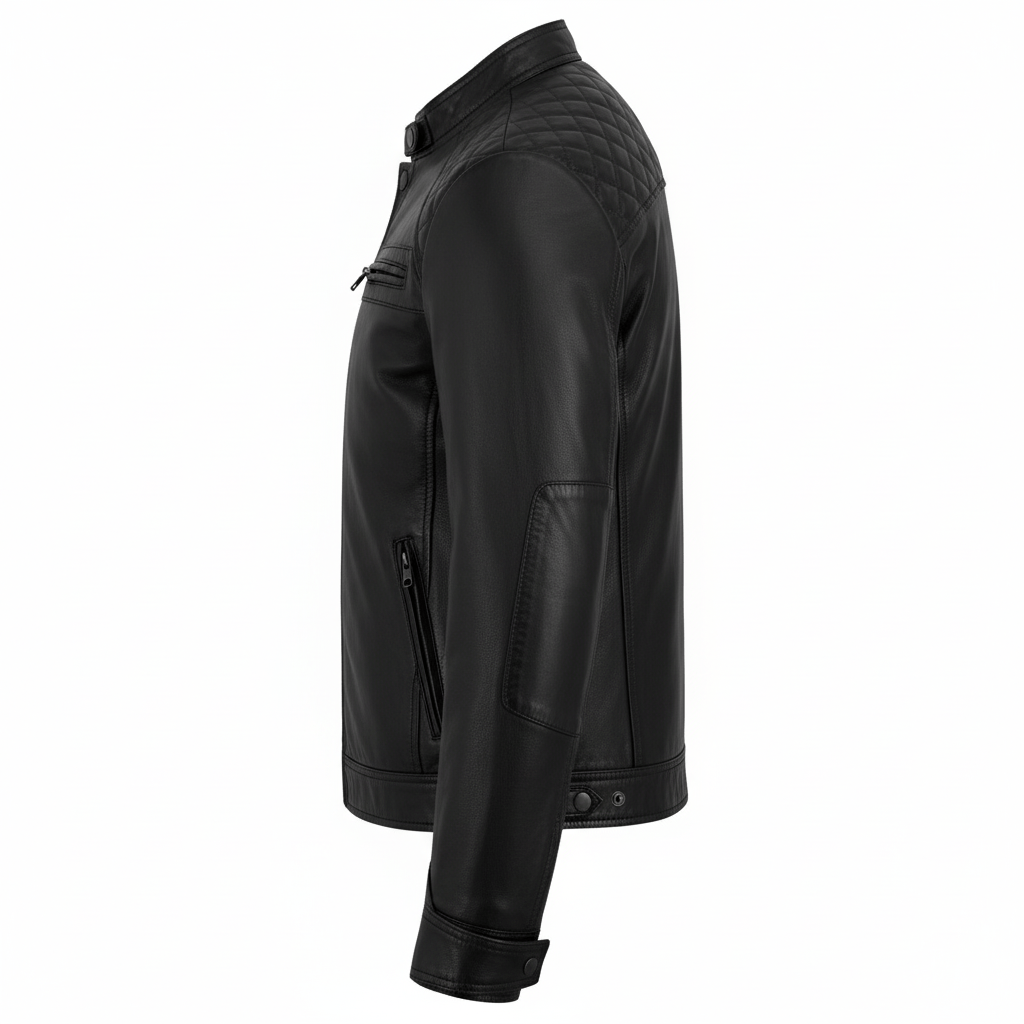 mens black leather jacket real leather quilted shoulder design