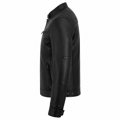 Mens Black Leather Jacket Real Leather Quilted Shoulder Design