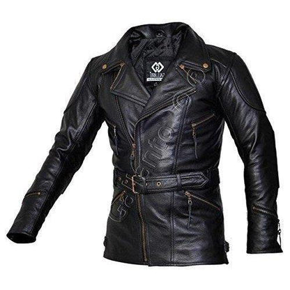 Men's Leather Biker Jacket 3/4 Length Cowhide Motorcycle Jacket
