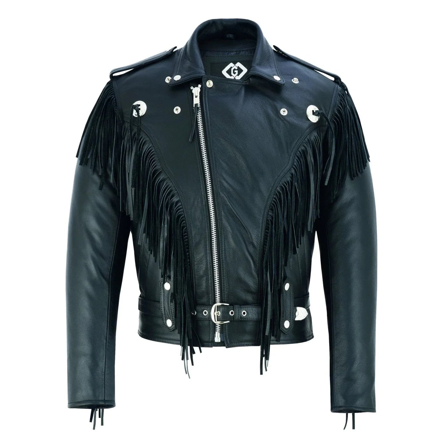 premium mens leather biker jacket with fringe and conchos