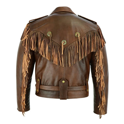 Premium Mens Leather Biker Jacket with Fringe and Conchos