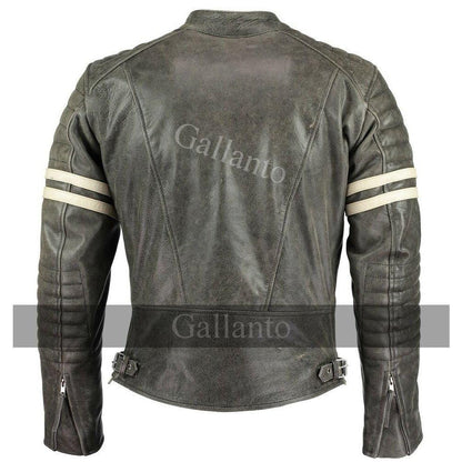 Vintage Fight Club Leather Biker Jacket with White Stripes