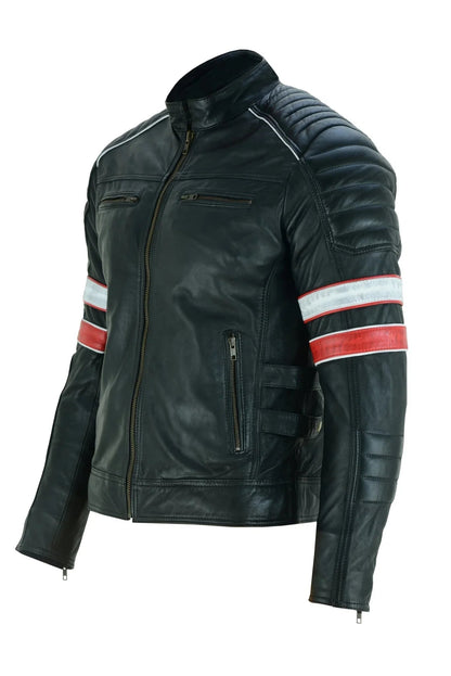 Leather Biker Jackets Men's Black Cafe Racer Sheepskin Jacket