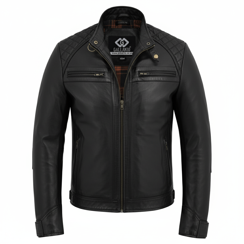 mens black leather jacket real leather quilted shoulder design