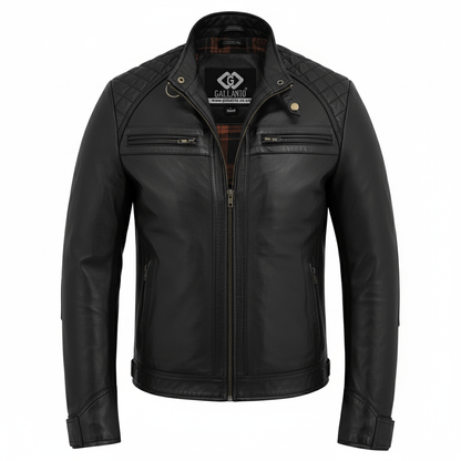 Mens Black Leather Jacket Real Leather Quilted Shoulder Design