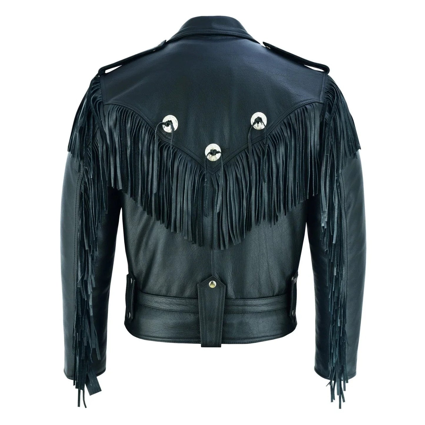 premium mens leather biker jacket with fringe and conchos