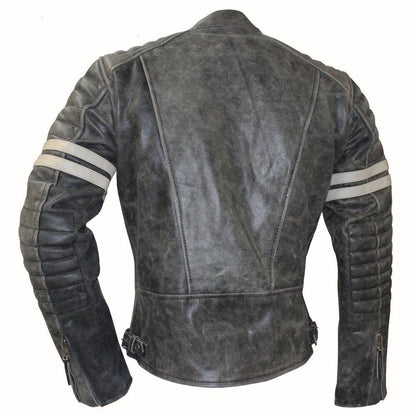 Vintage Fight Club Leather Biker Jacket with White Stripes