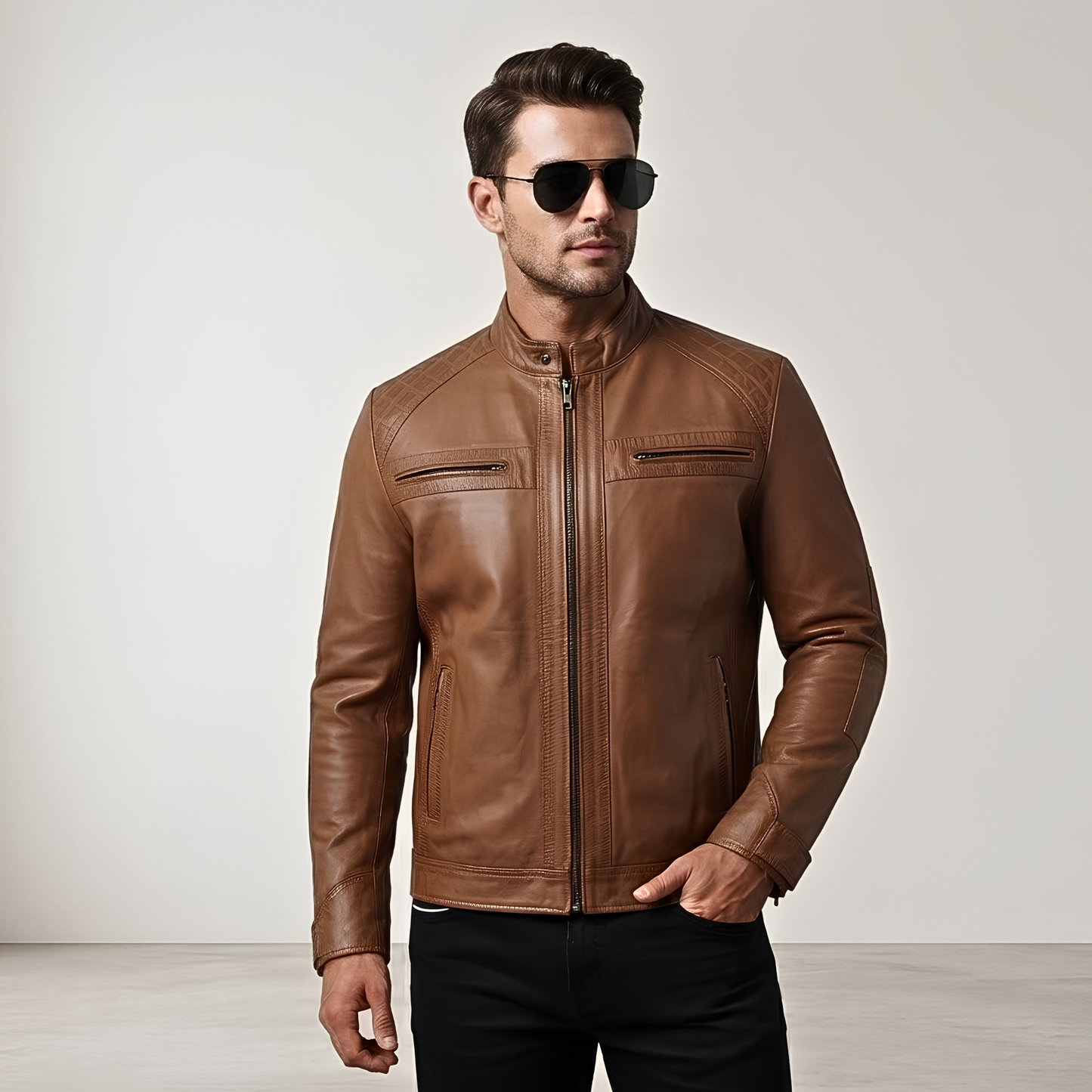 mens black leather jacket real leather quilted shoulder design