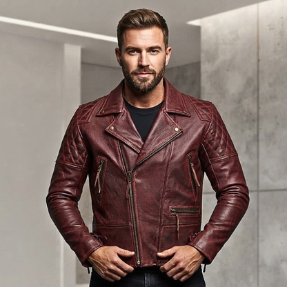 Classic Diamond Motorcycle Men's  Leather Biker Jacket