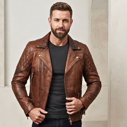 Classic Diamond Motorcycle Men's  Leather Biker Jacket