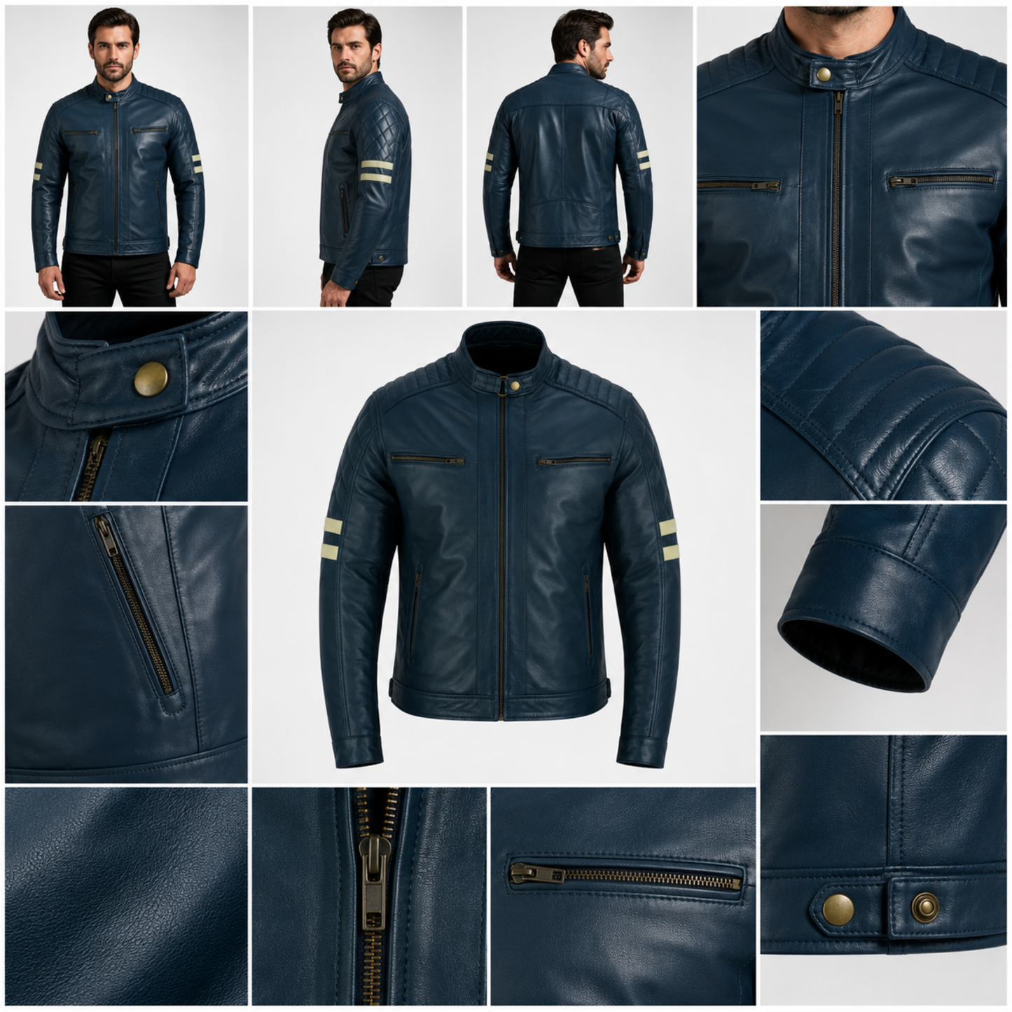 motor jacket men navy cafe racer sheepskin leather biker jacket