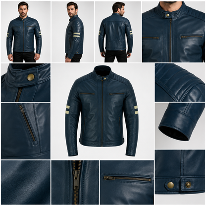 Motor Jacket Men Navy Cafe Racer Sheepskin Leather Biker Jacket