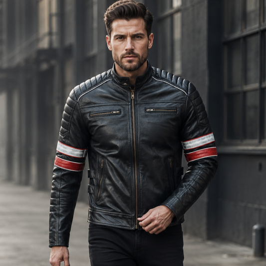 Leather Biker Jackets Men's Black Cafe Racer Sheepskin Jacket