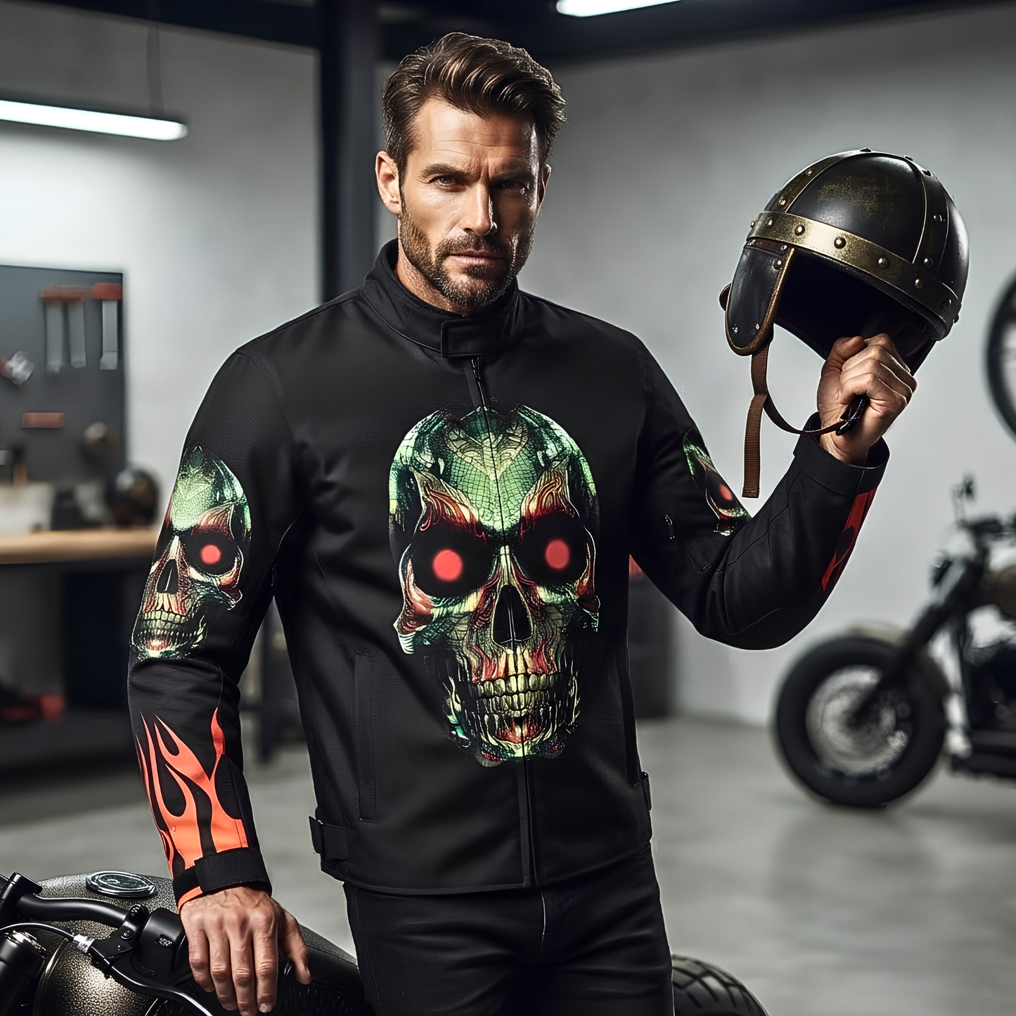 flames & skull best fabric motorcycle jacket in cordura textile