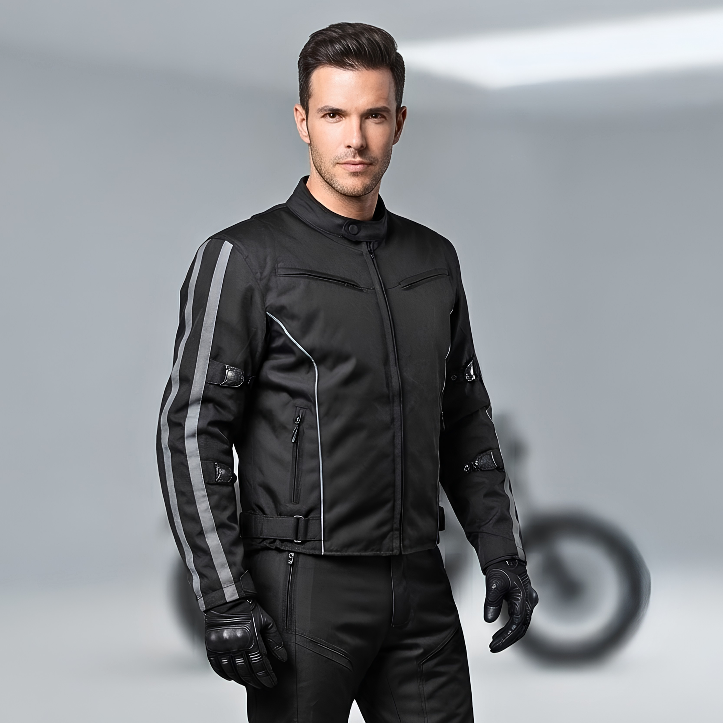 mens black & orange fabric motorcycle jacket with ce armour