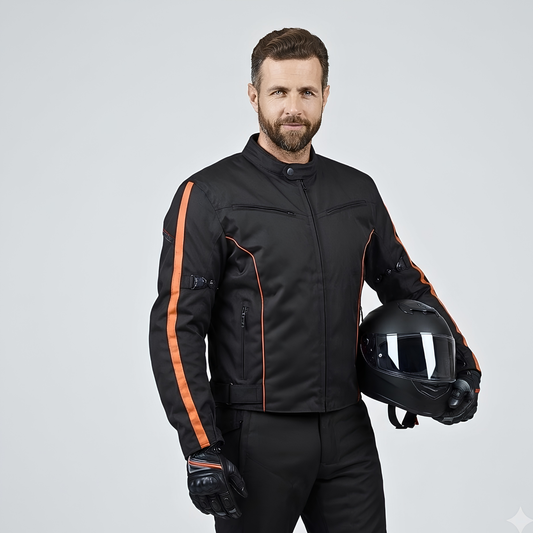 Mens Black & Orange Fabric Motorcycle Jacket with CE Armour