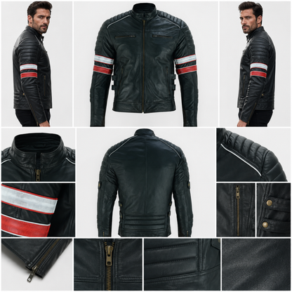 Leather Biker Jackets Men's Black Cafe Racer Sheepskin Jacket