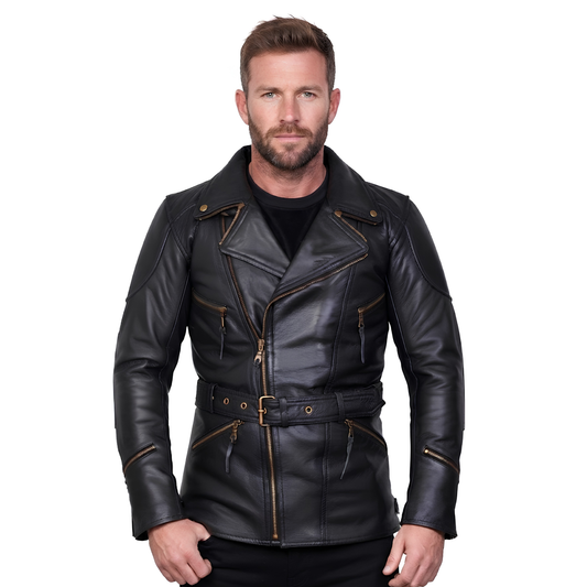 Men's Leather Biker Jacket 3/4 Length Cowhide Motorcycle Jacket