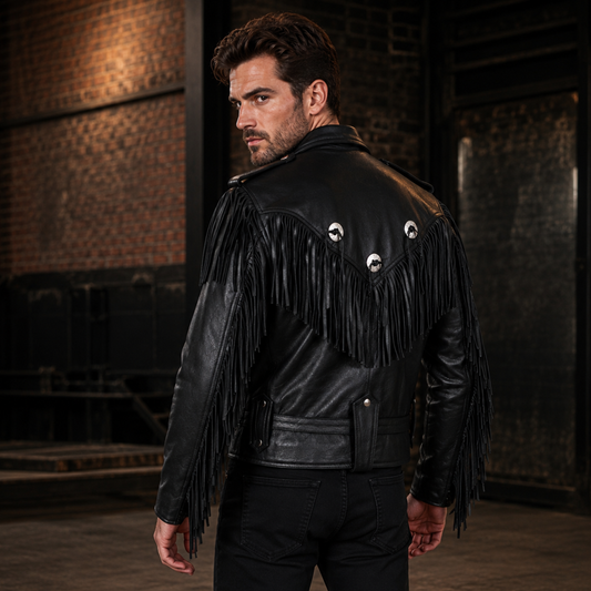 Premium Mens Leather Biker Jacket with Fringe and Conchos