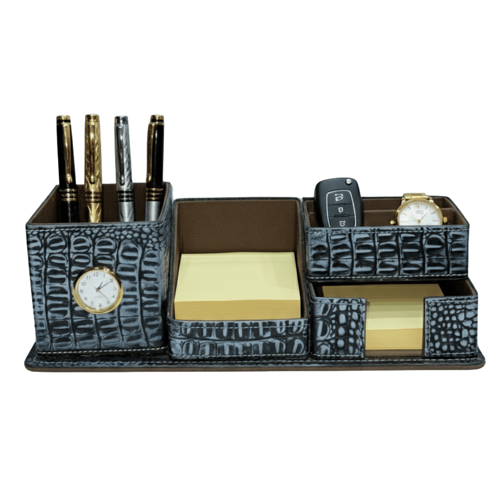 luxury leather desk organiser with clock | executive pen holder