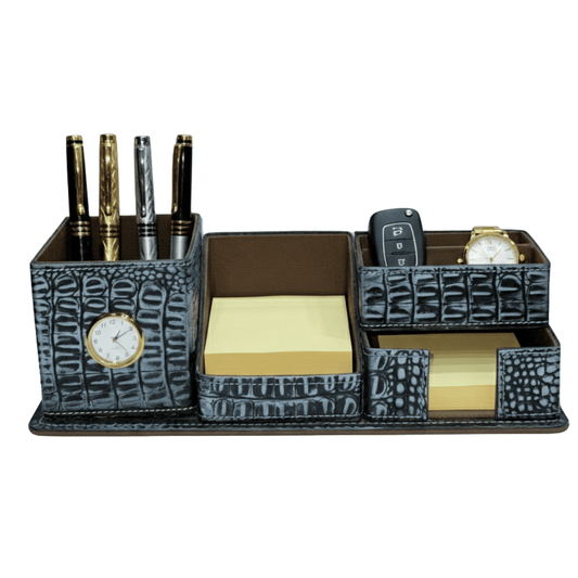 Luxury Leather Desk Organiser with Clock | Executive Pen Holder