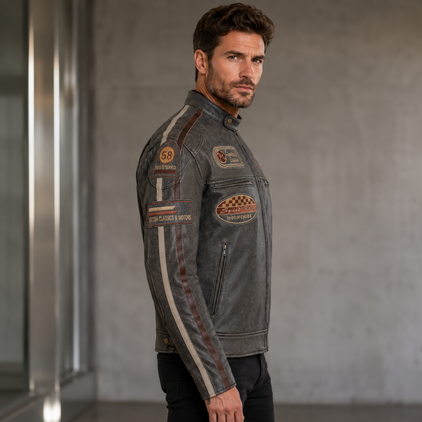 classic british men's biker jackets with badges motorcycle style