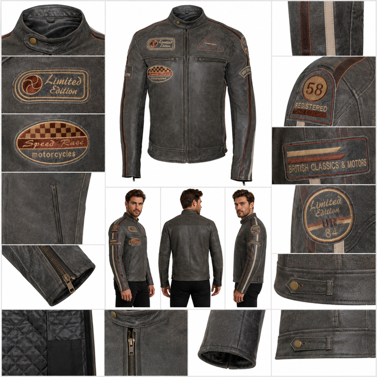 classic british men's biker jackets with badges motorcycle style