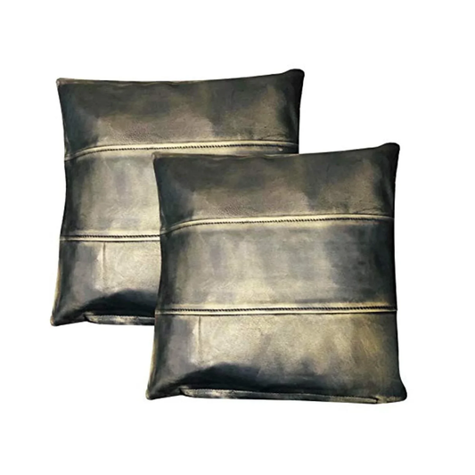 Genuine Leather Metallic Gold Set of 2-Striped Cushion Covers UK