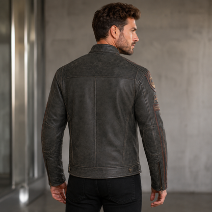 Classic British Men's Biker Jackets with Badges Motorcycle Style