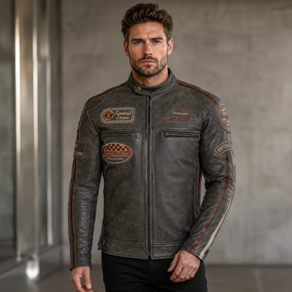 Classic British Men's Biker Jackets with Badges Motorcycle Style