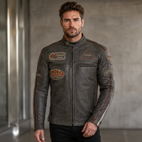 Classic British Men's Biker Jackets with Badges Motorcycle Style