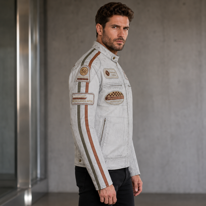 Classic British Men's Biker Jackets with Badges Motorcycle Style