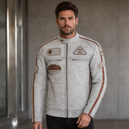 Classic British Men's Biker Jackets with Badges Motorcycle Style