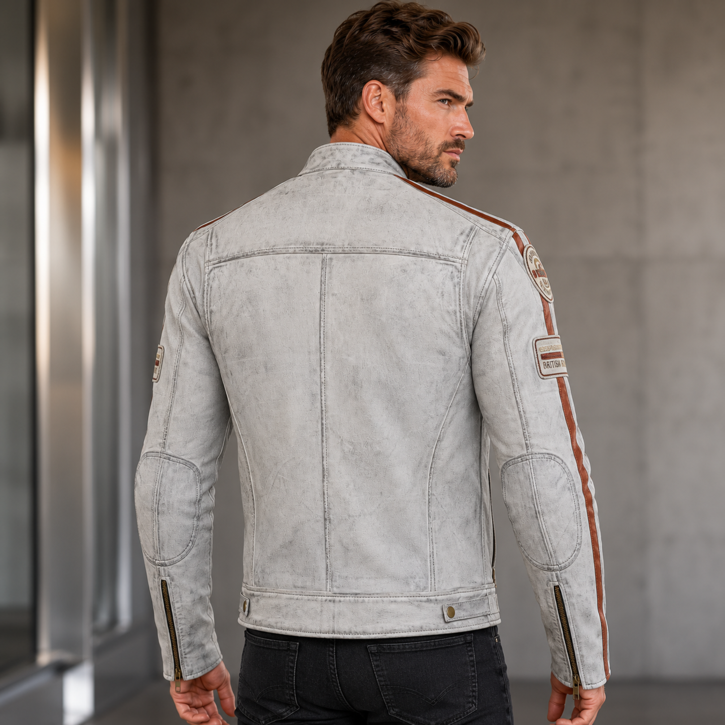 classic british men's biker jackets with badges motorcycle style