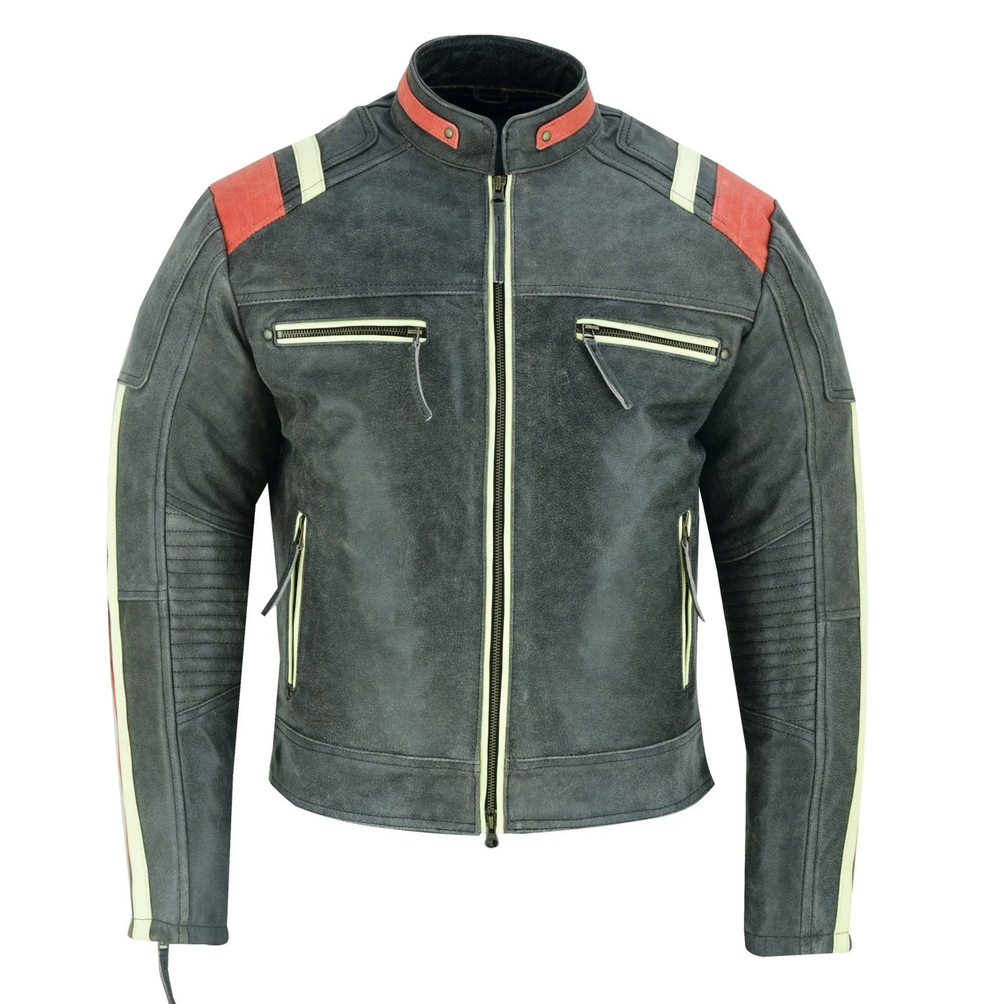 men's biker jacket in distressed grey cowhide leather with stripes