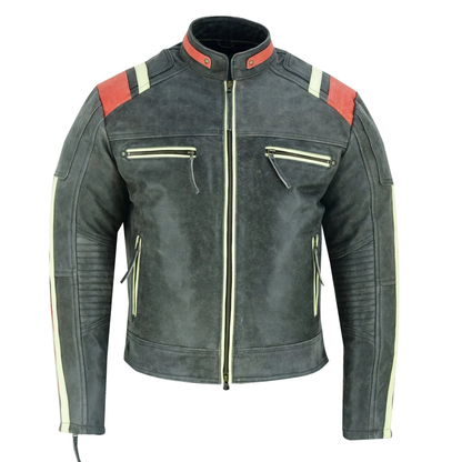 Men's Biker Jacket in Distressed Grey Cowhide Leather with Stripes