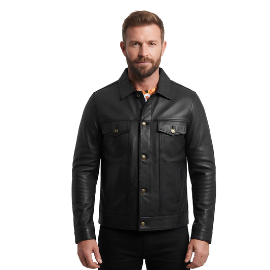 Leather Jacket Motor – Fernando's Classic Black Leather Trucker Jacket