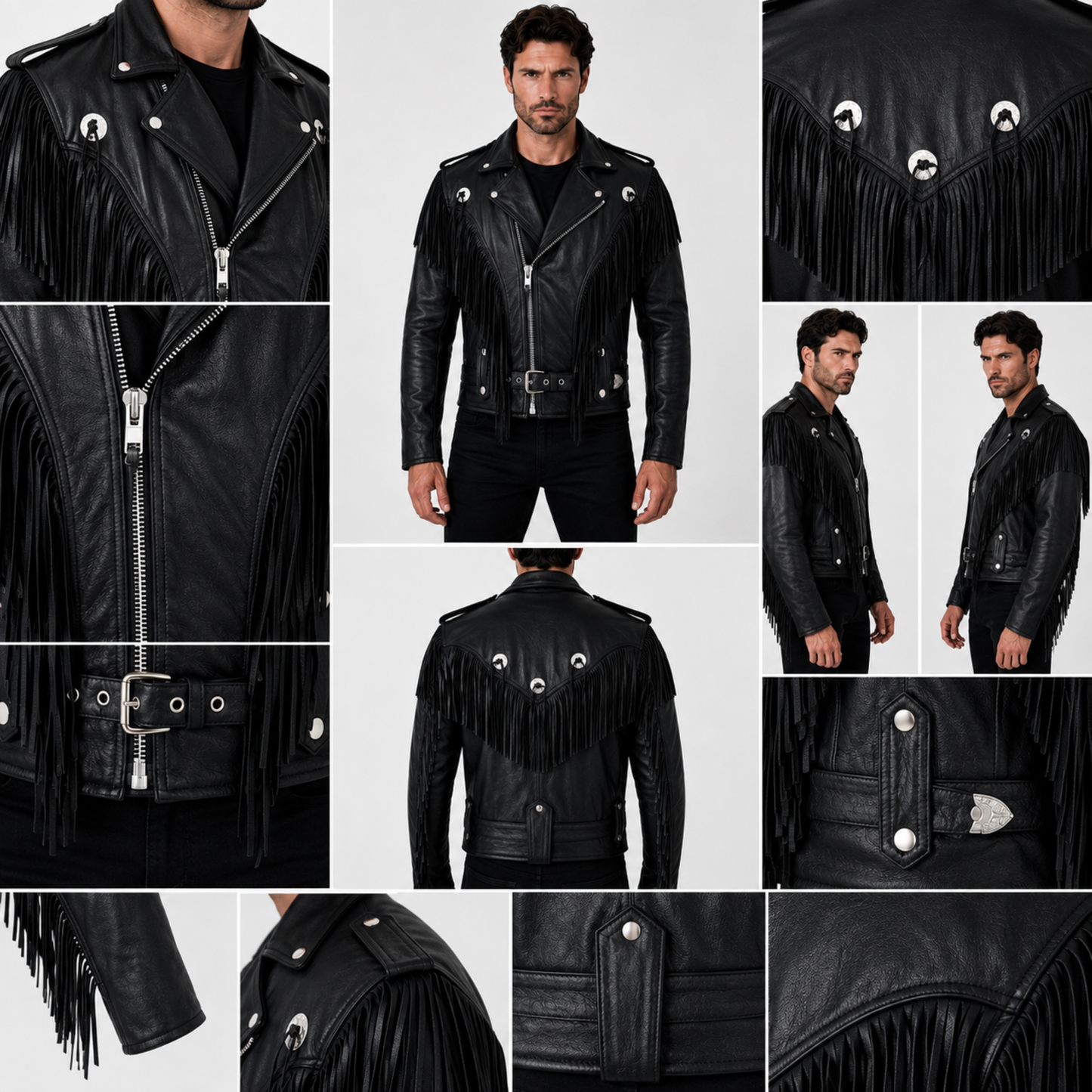 premium mens leather biker jacket with fringe and conchos
