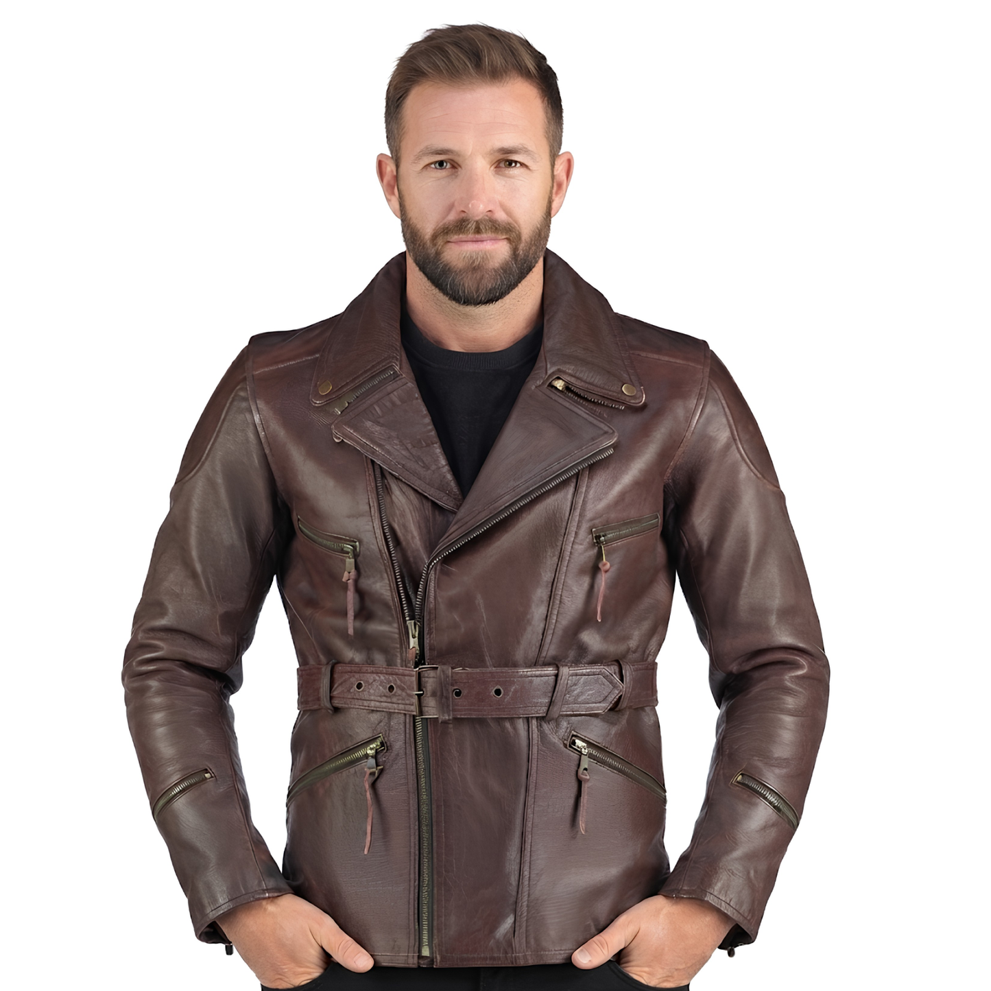men's leather biker jacket 3/4 length cowhide motorcycle jacket