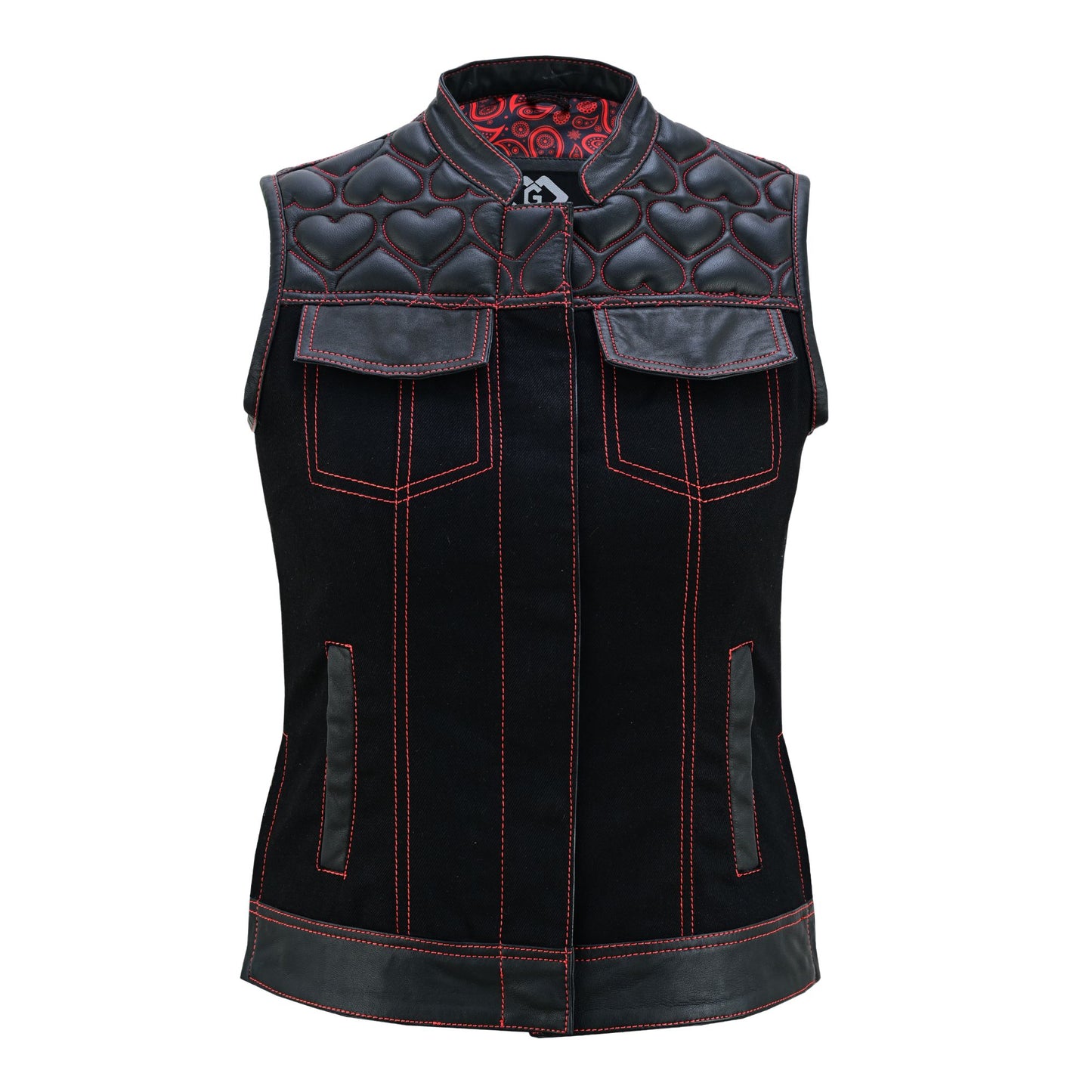 ladies fashion vest | black leather waistcoat with red hearts