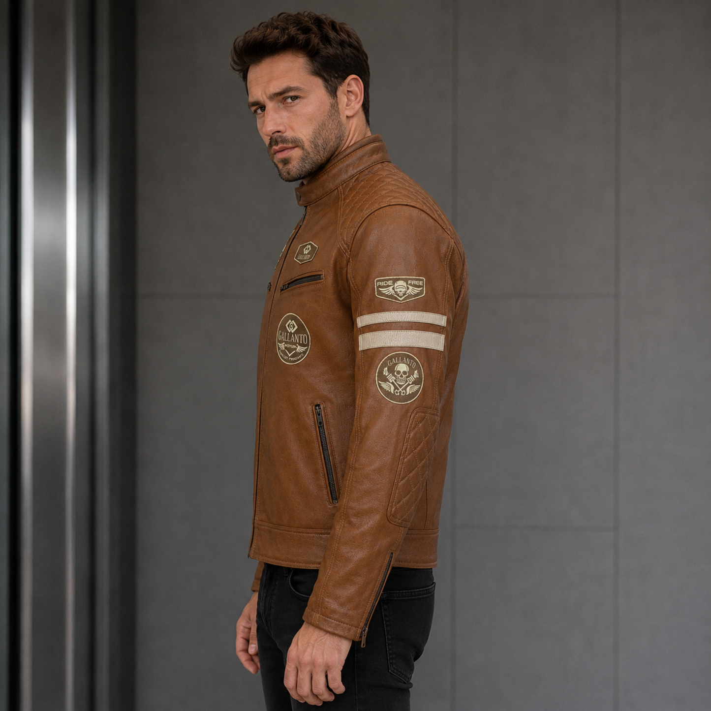 classic british men's biker jackets with badges motorcycle style