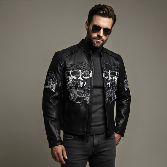 Mens Leather Biker Coat – Flaming Skulls Cruiser Motorcycle Jacket