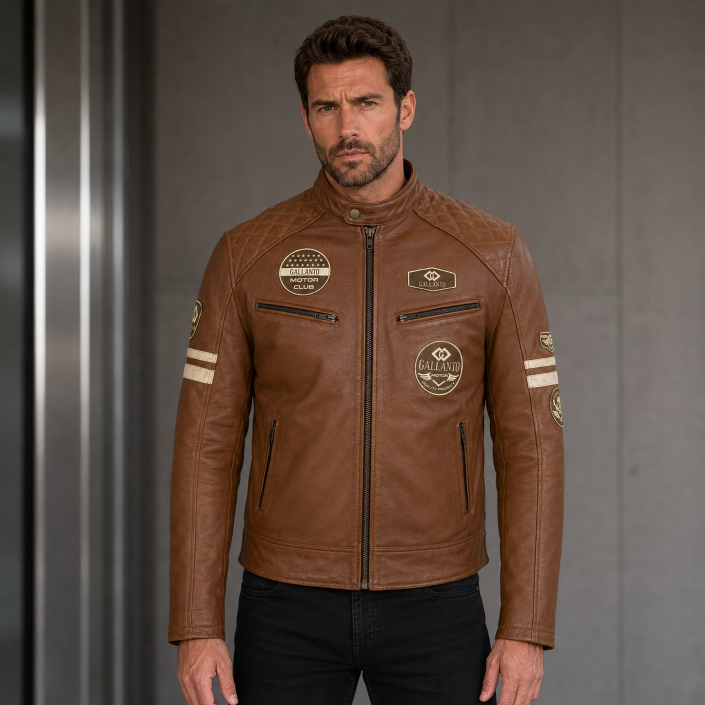 classic british men's biker jackets with badges motorcycle style