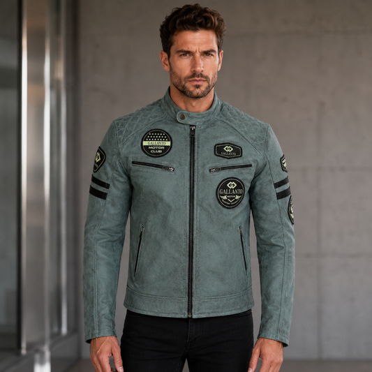 Men's Biker Jackets Grey Real Leather Motorcycle Jacket for Riding