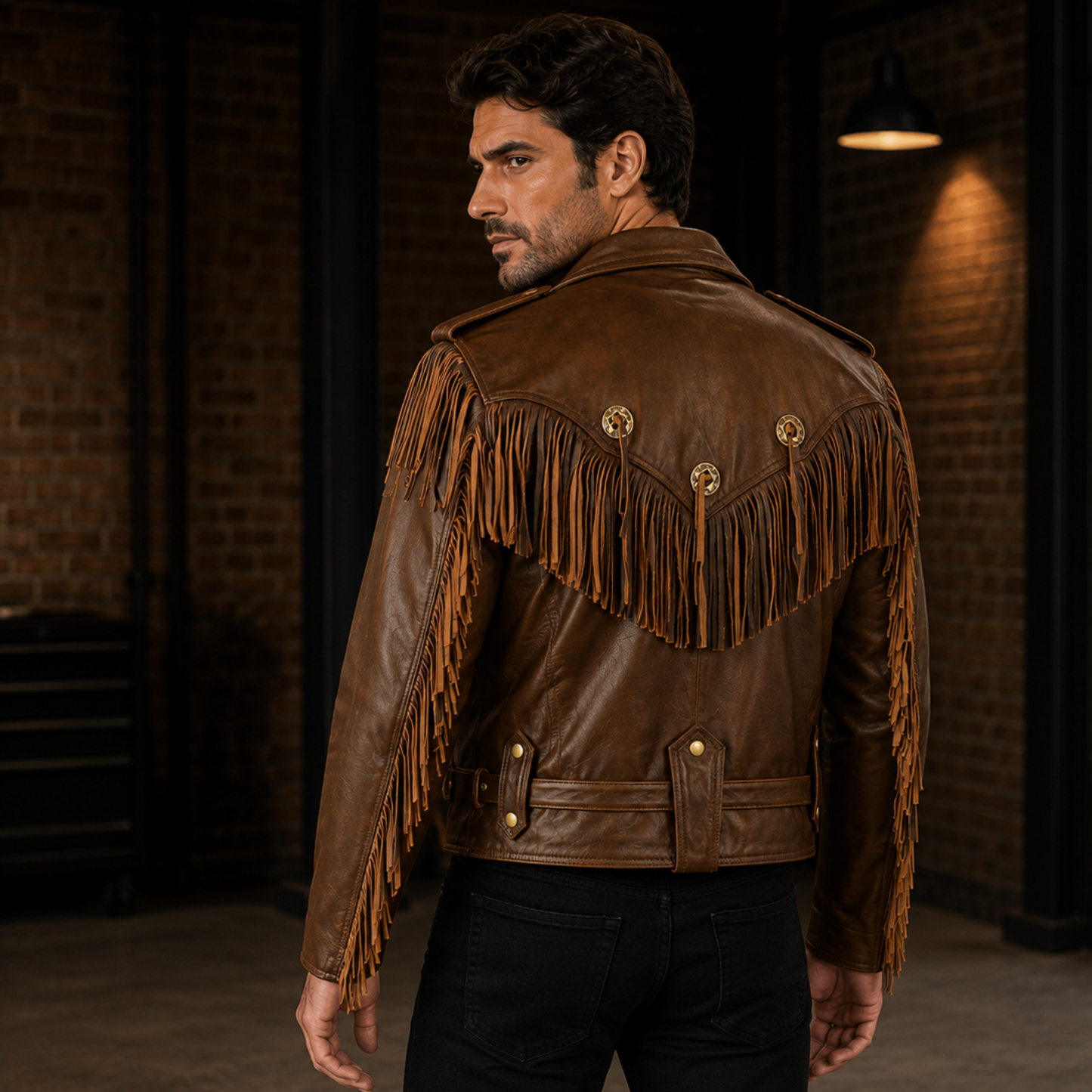 premium mens leather biker jacket with fringe and conchos