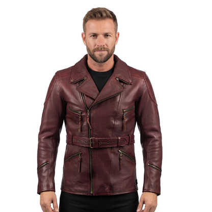Men's Leather Biker Jacket 3/4 Length Cowhide Motorcycle Jacket