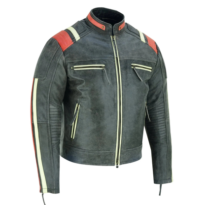 Men's Biker Jacket in Distressed Grey Cowhide Leather with Stripes