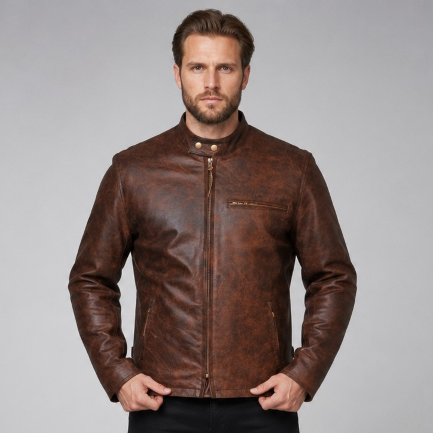 classic racer biker leather jacket in genuine leather