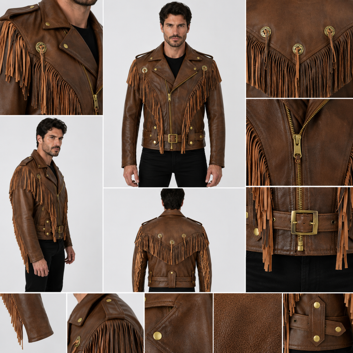 premium mens leather biker jacket with fringe and conchos