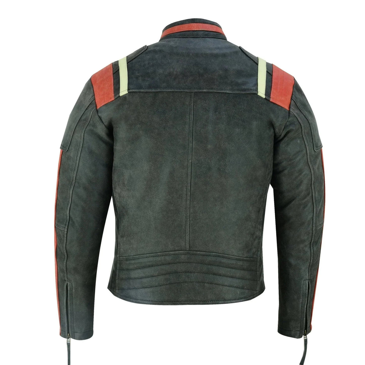 men's biker jacket in distressed grey cowhide leather with stripes
